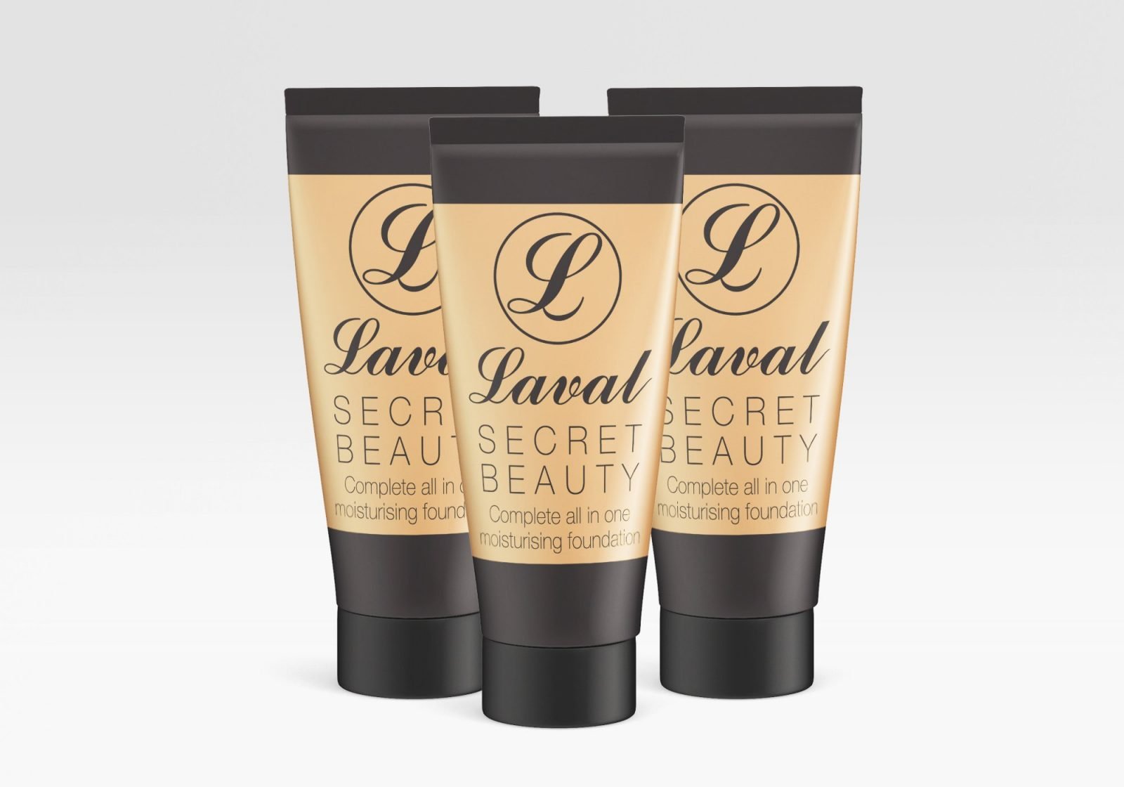 Packaging design for Laval moisturising foundation cream showing three bottles