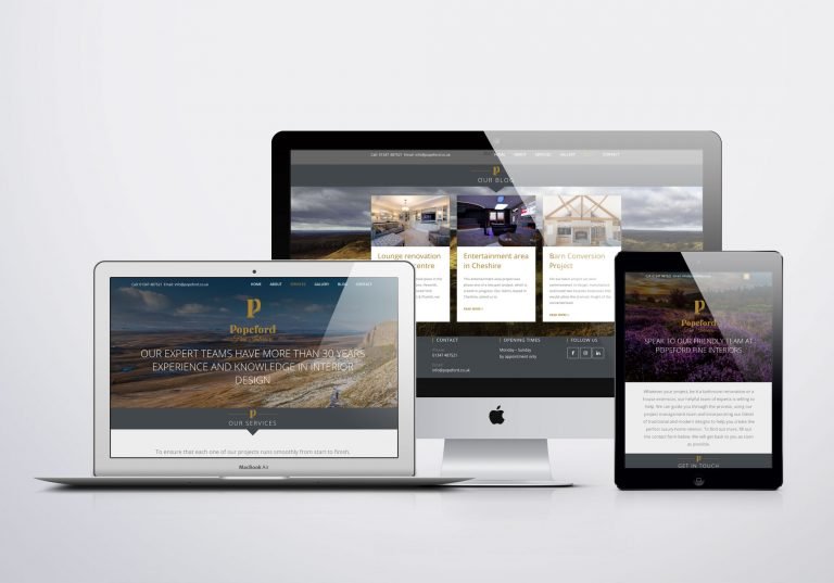 A desktop computer, a laptop and ipad showing images of Popeford Interior Designers website design