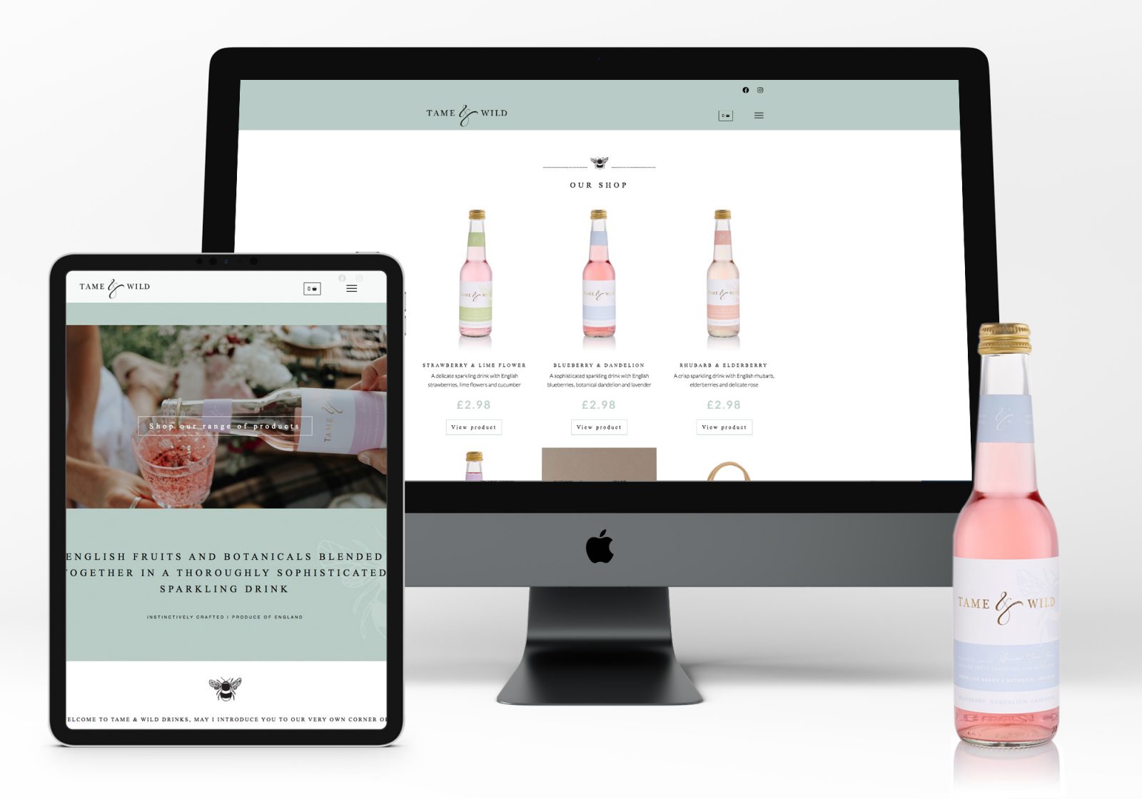 Website for Tame and Wild Drinks showing iMac and ipad