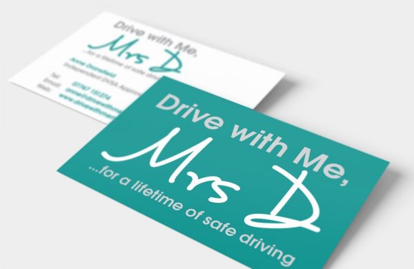 drive-with-me-mrs-d-business-card Business card design for driving instructor Drive with me Mrs D showing both sides