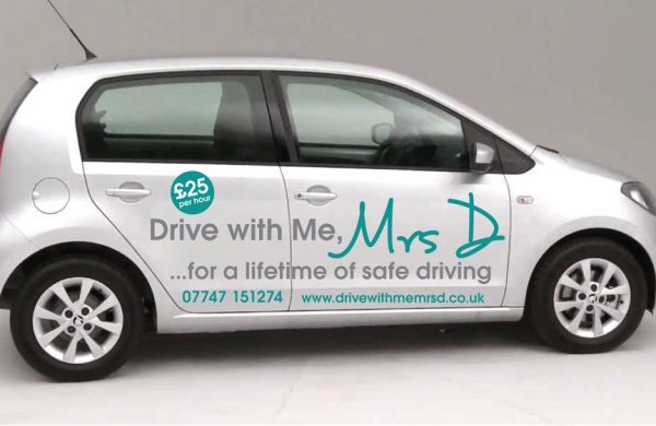 drive-with-me-mrs-d-car-graphics Car graphics on a silver car for driving instructor Drive with Me Mrs D